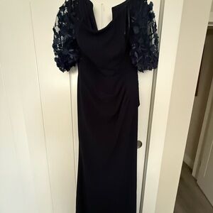 Elegant Navy Dress with Floral Sleeves